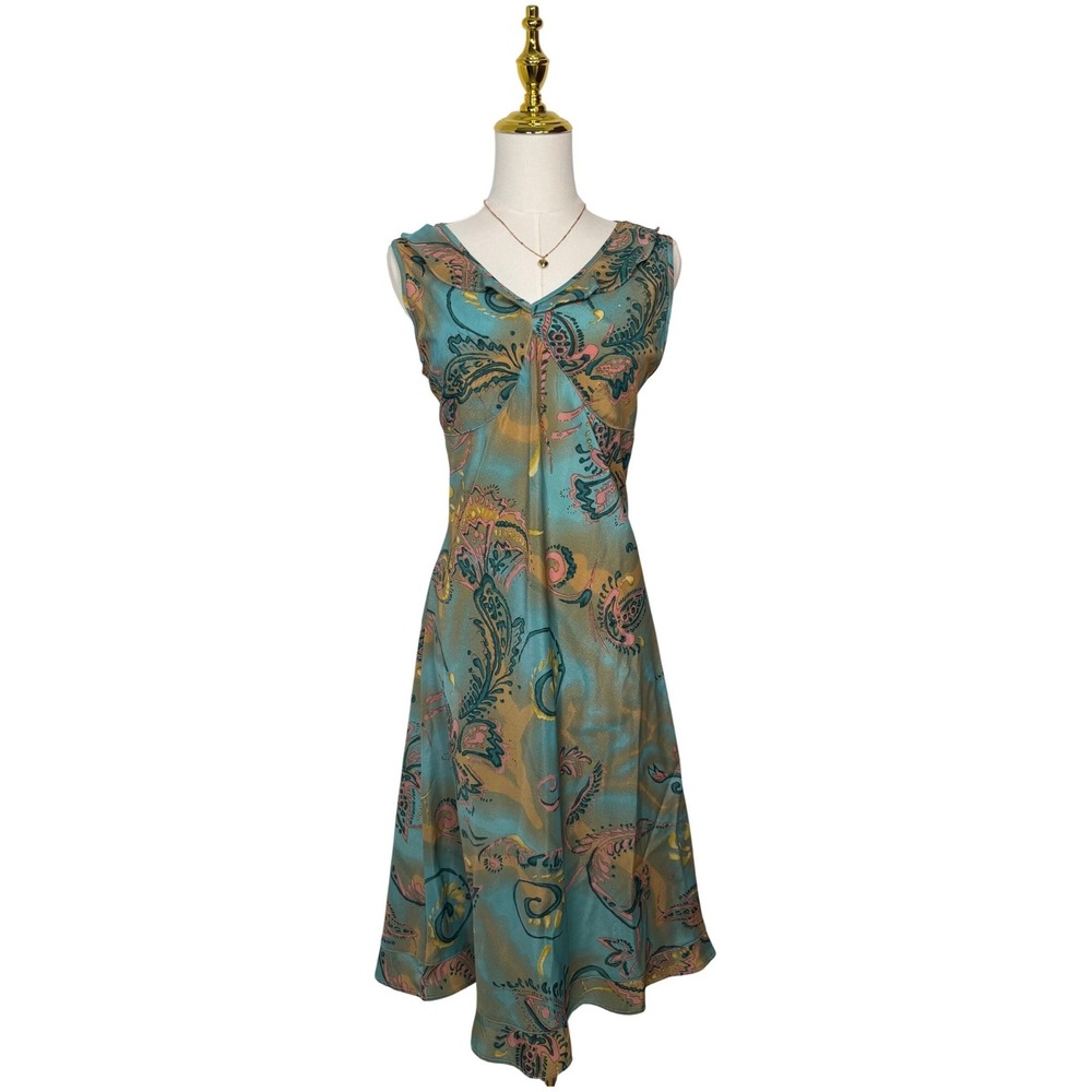 vintage 90s blue pink yellow midi flowy dress boho y2k artsy fairy whimsy medium